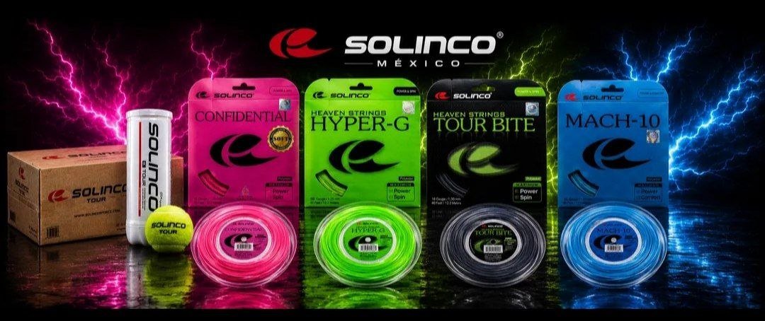Cuerdas Solinco Confidential, Hyper-G, Tour Bite y Mach-10 con pelotas Solinco Tour